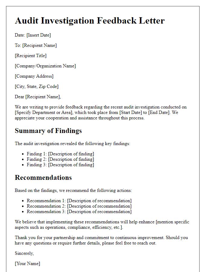 Letter template of audit investigation feedback letter