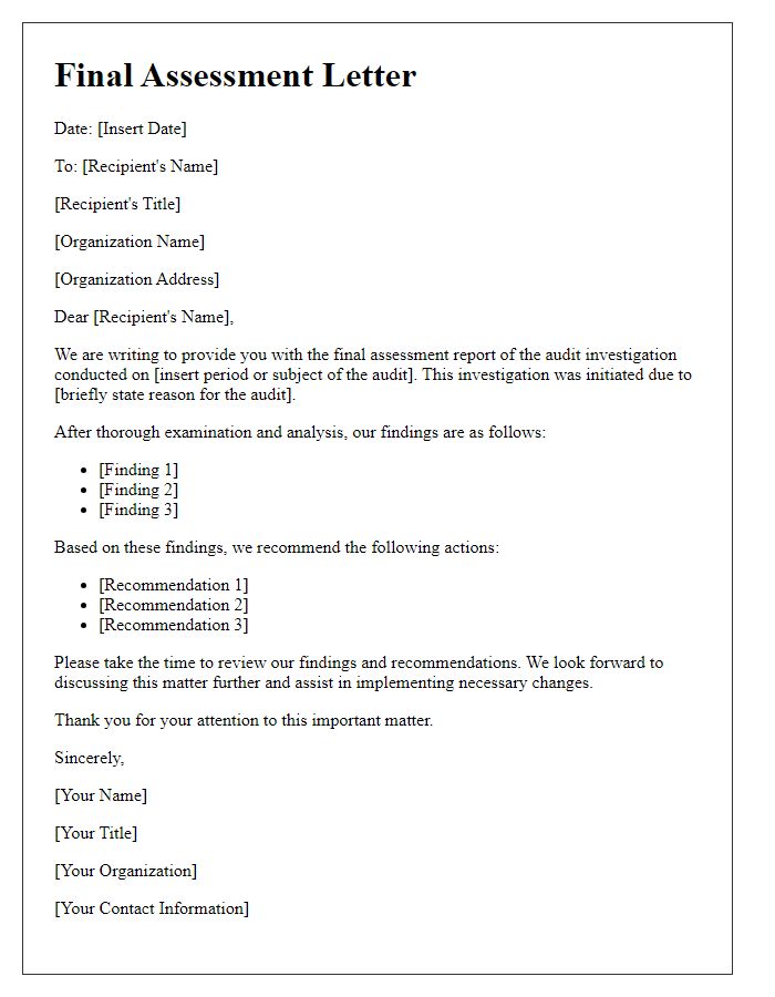 Letter template of audit investigation final assessment