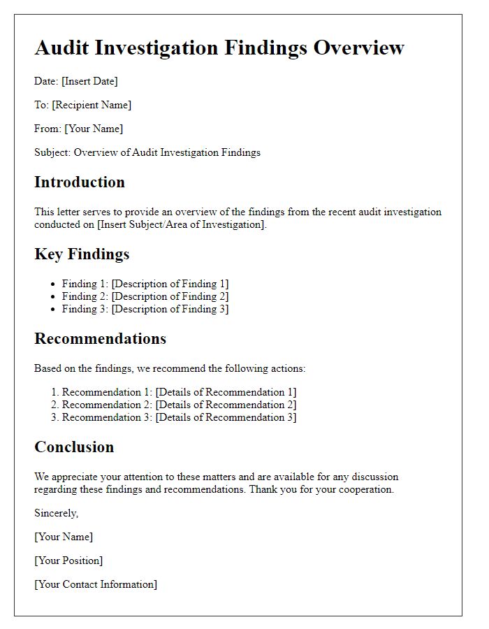 Letter template of audit investigation findings overview