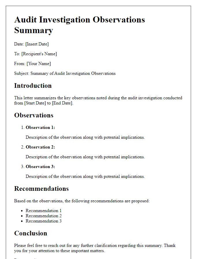 Letter template of audit investigation observations summary