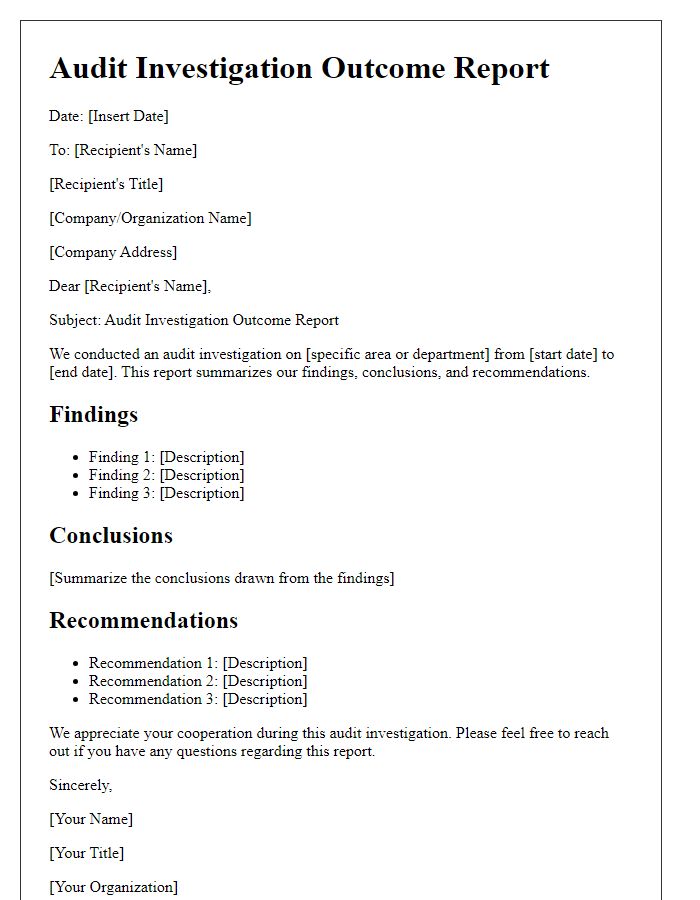 Letter template of audit investigation outcome report