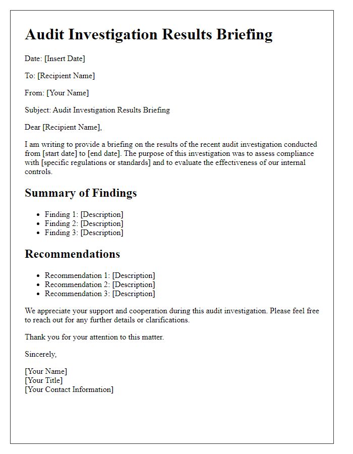 Letter template of audit investigation results briefing