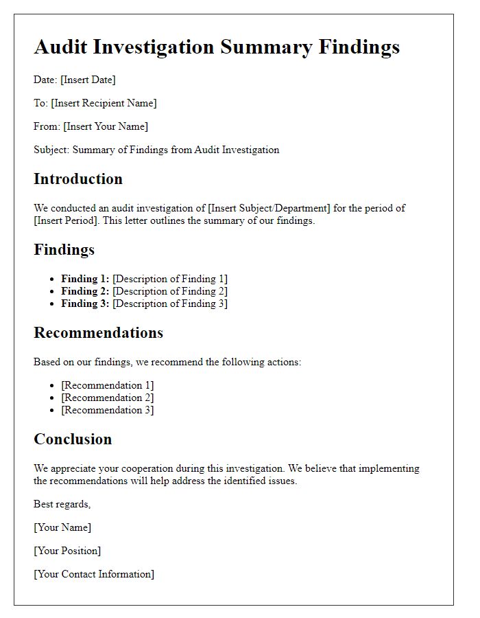 Letter template of audit investigation summary findings