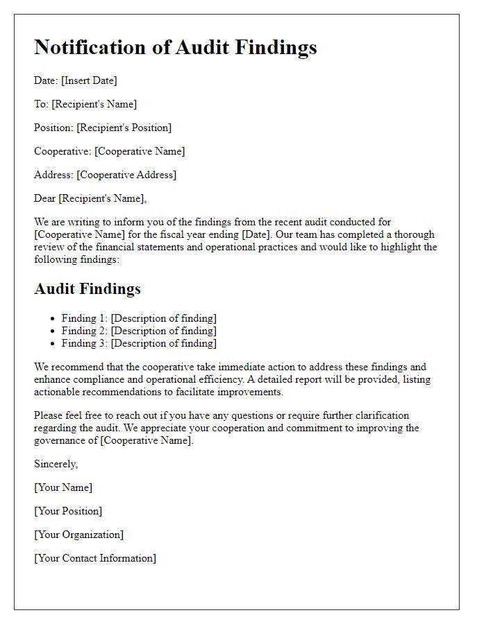 Letter template of notification for cooperative audit findings.