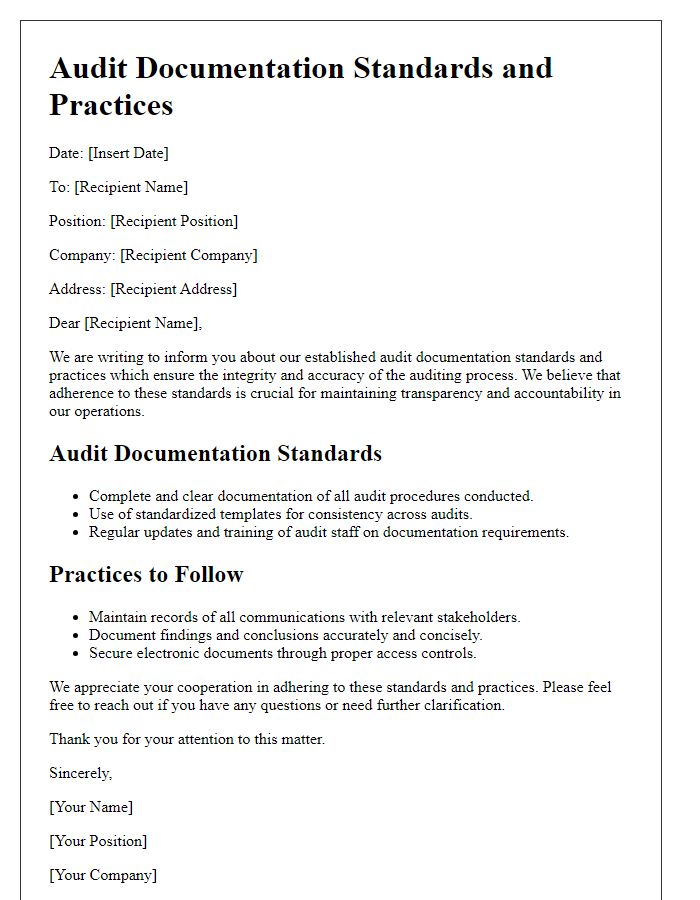 Letter template of audit documentation standards and practices