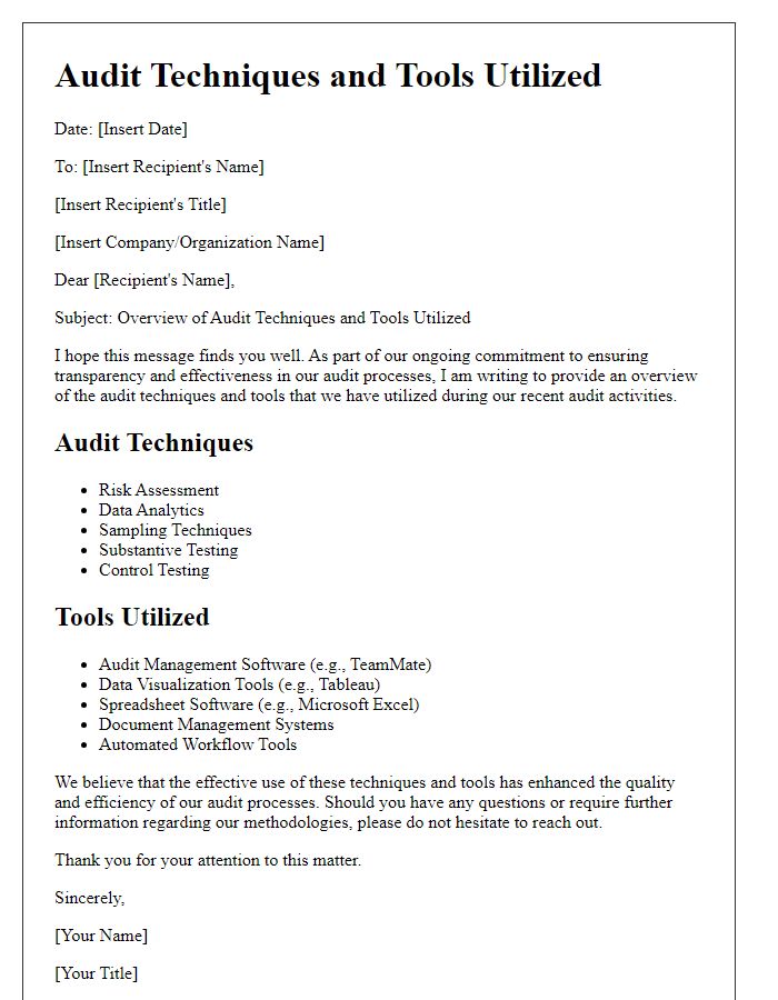 Letter template of audit techniques and tools utilized