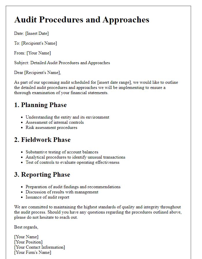 Letter template of detailed audit procedures and approaches