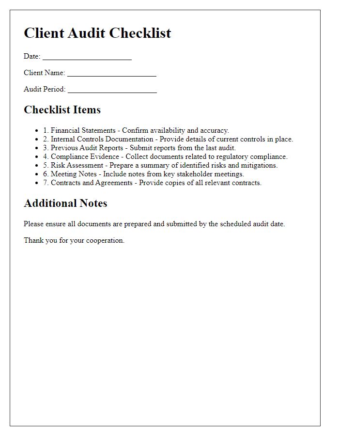 Letter template of checklist for client audit requirements