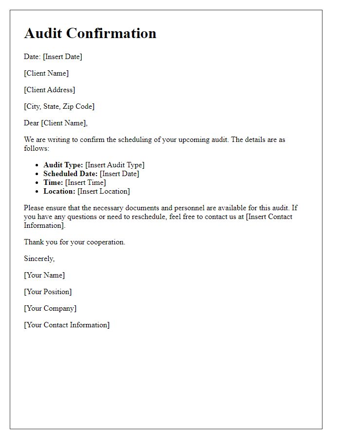 Letter template of confirmation for client audit scheduling