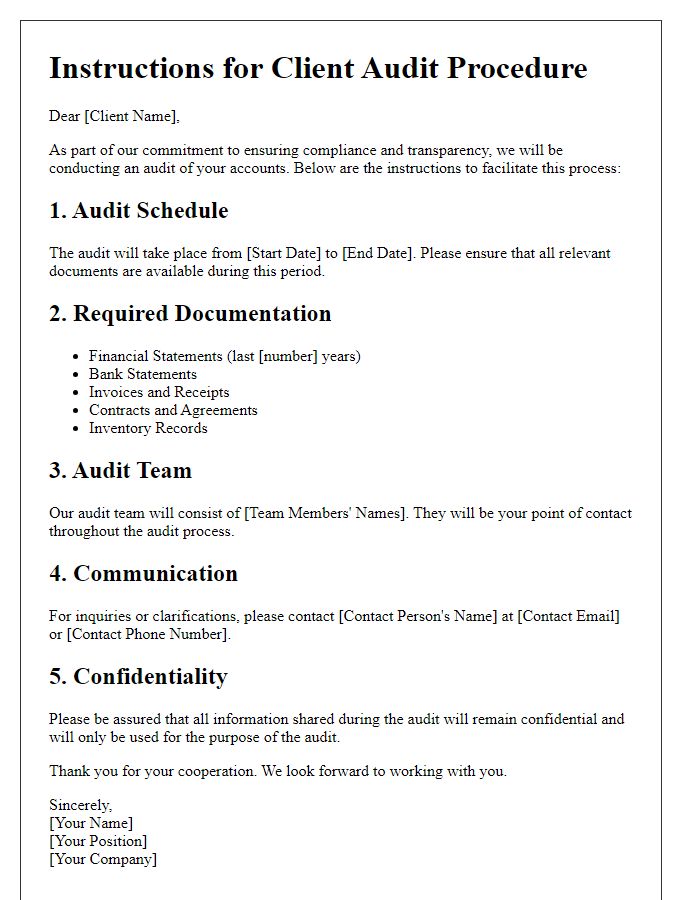 Letter template of instructions for client audit procedure