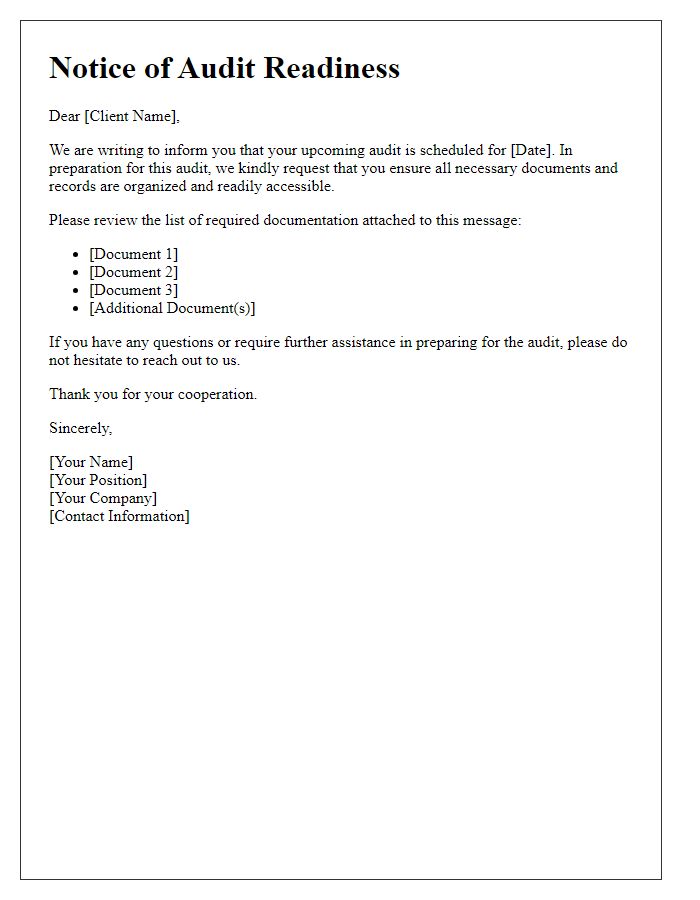 Letter template of notification for client audit readiness