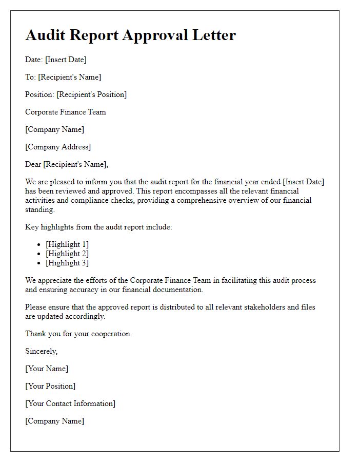 Letter template of audit report approval for corporate finance teams