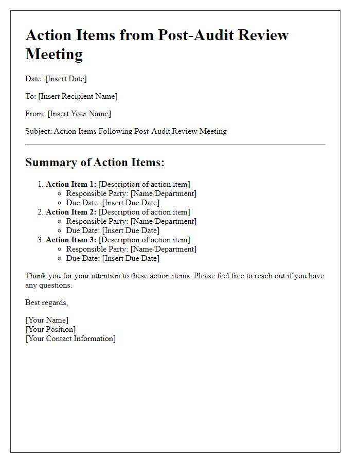 Letter template of action items from post-audit review meeting