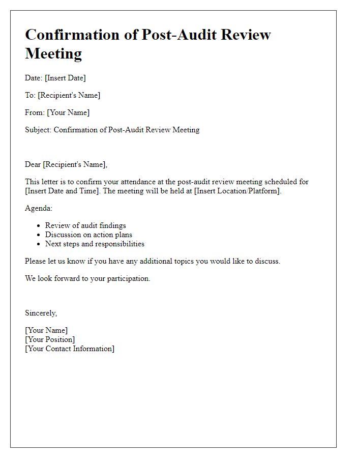 Letter template of confirmation for post-audit review meeting