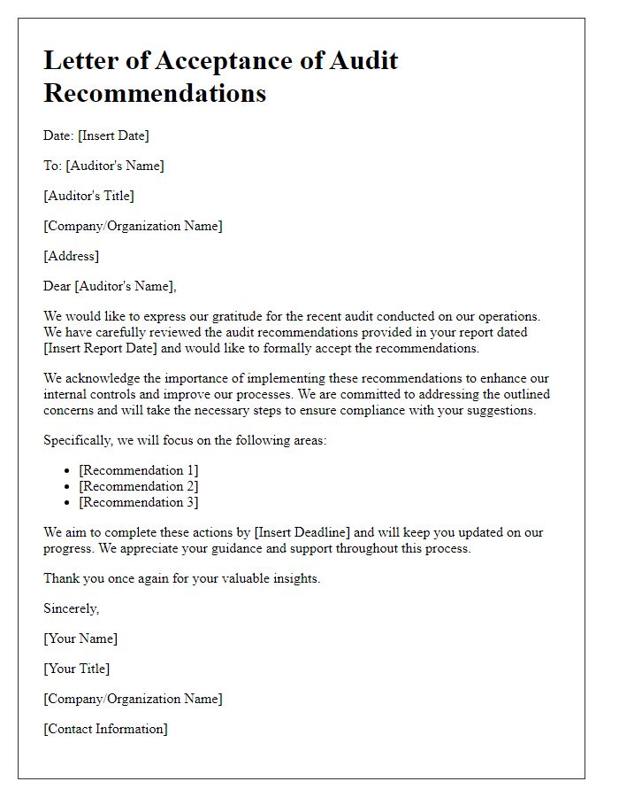 Letter template of acceptance of audit recommendations.