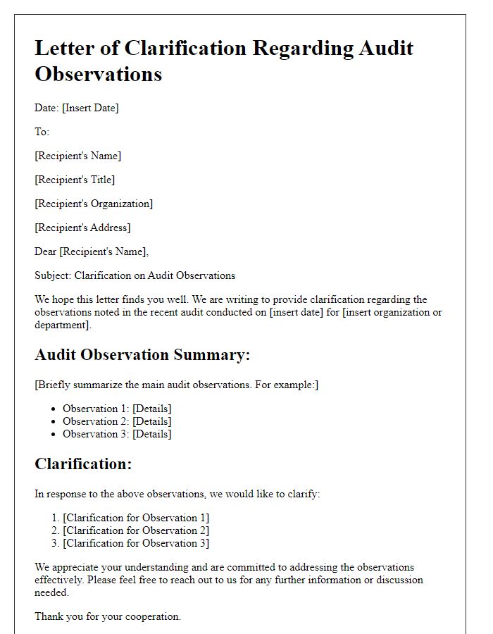 Letter template of audit observation clarification.