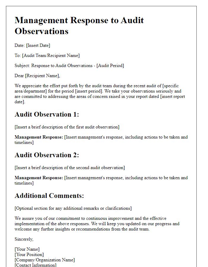 Letter template of management response to audit observations.