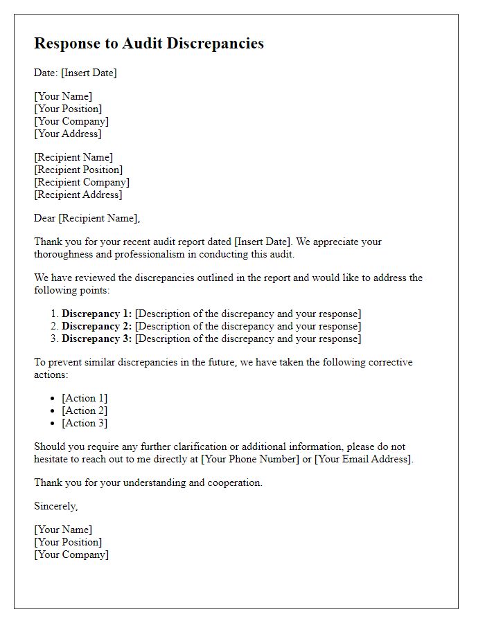 Letter template of response to audit discrepancies.