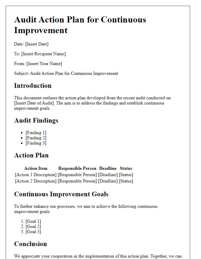 Letter template of audit action plan for continuous improvement goals.