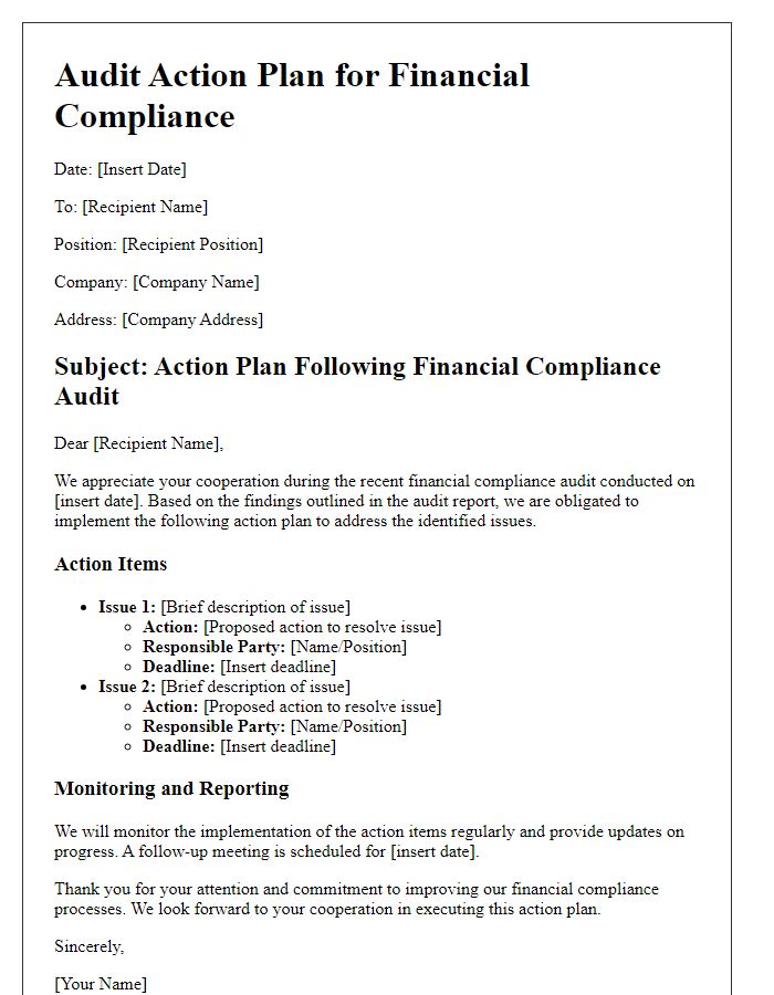 Letter template of audit action plan for financial compliance.