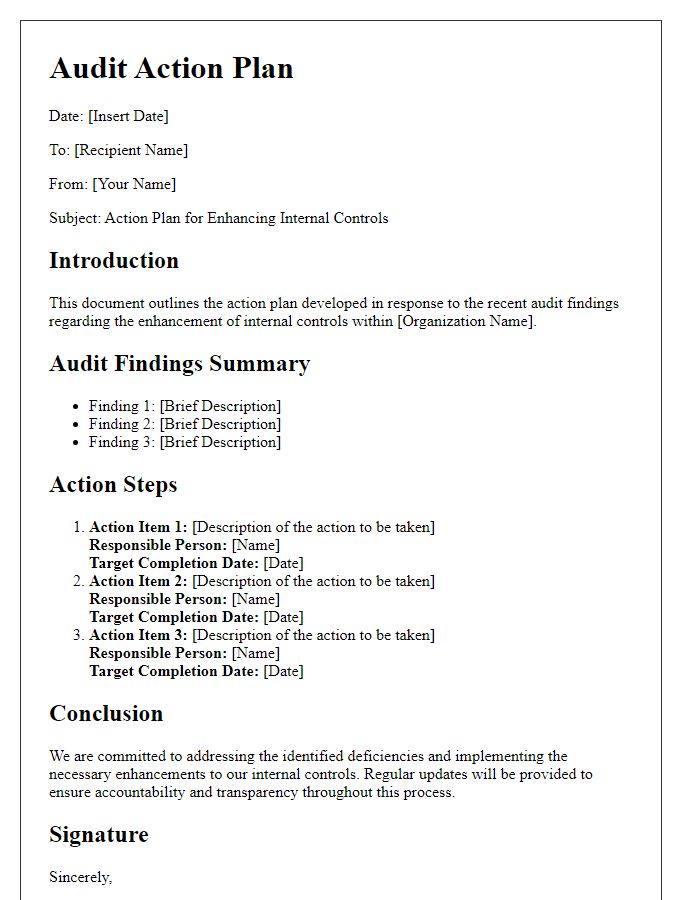 Letter template of audit action plan for internal controls enhancement.