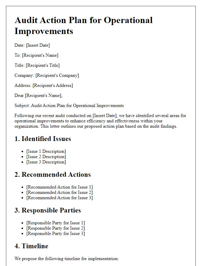 Letter template of audit action plan for operational improvements.