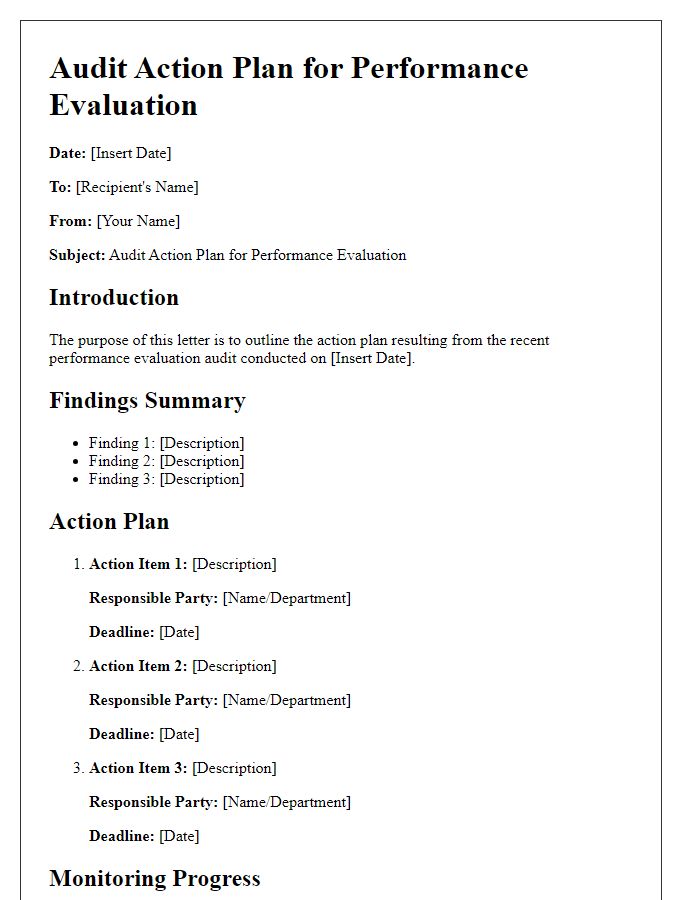 Letter template of audit action plan for performance evaluation.