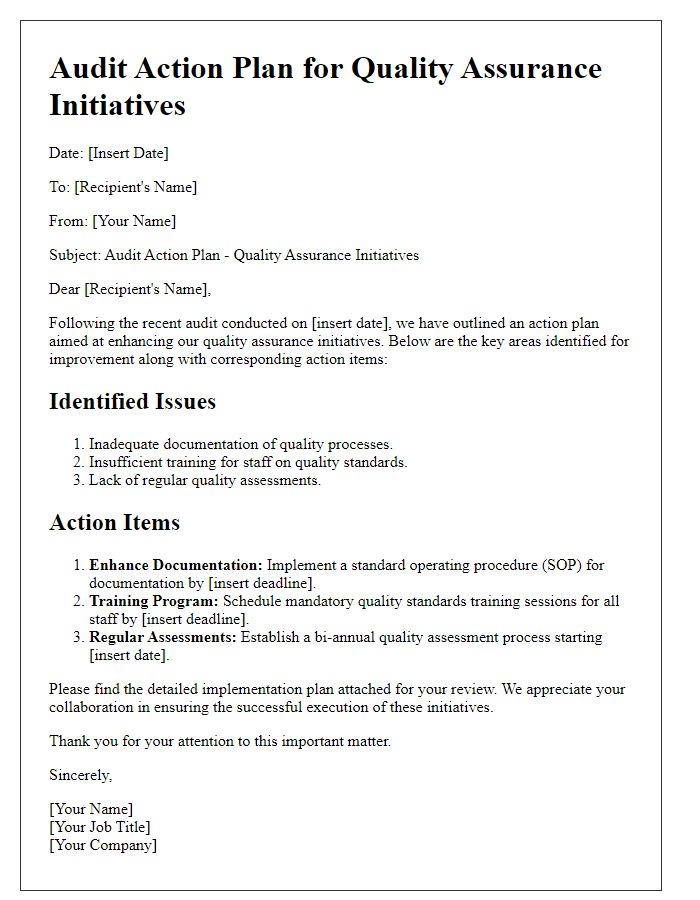 Letter template of audit action plan for quality assurance initiatives.