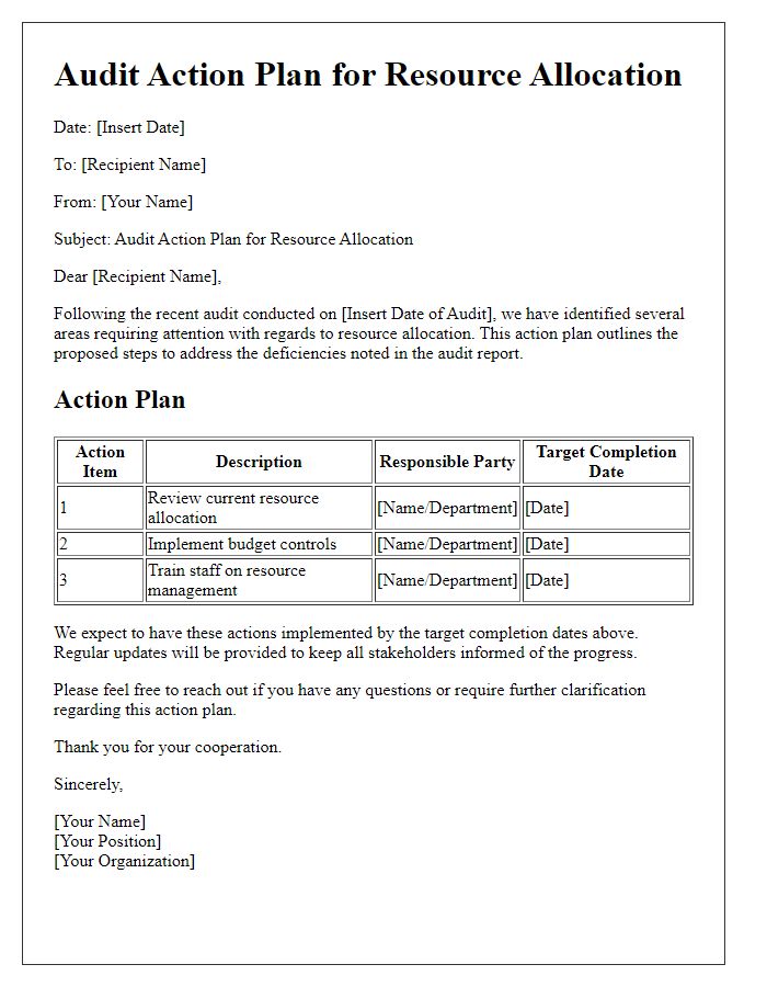 Letter template of audit action plan for resource allocation.