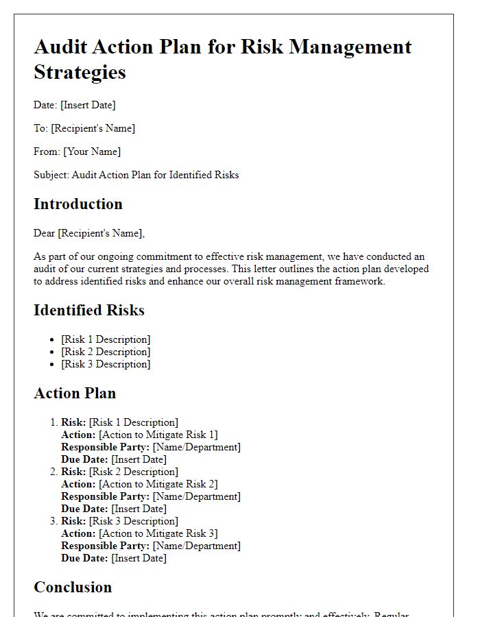 Letter template of audit action plan for risk management strategies.