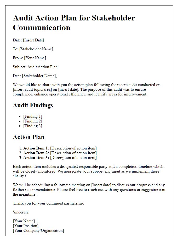 Letter template of audit action plan for stakeholder communication.