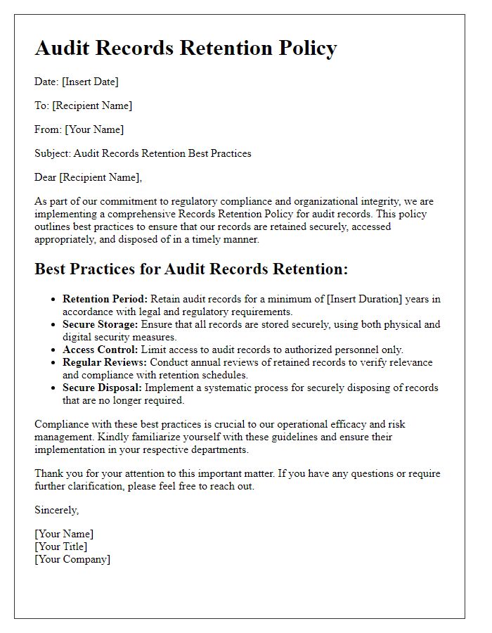 Letter template of audit records retention best practices