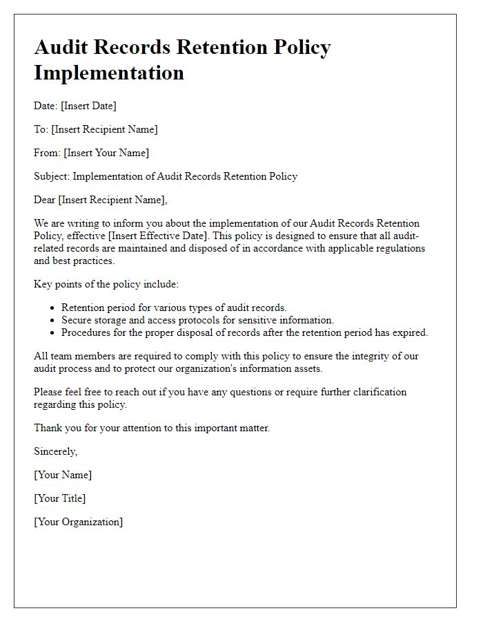 Letter template of audit records retention policy implementation