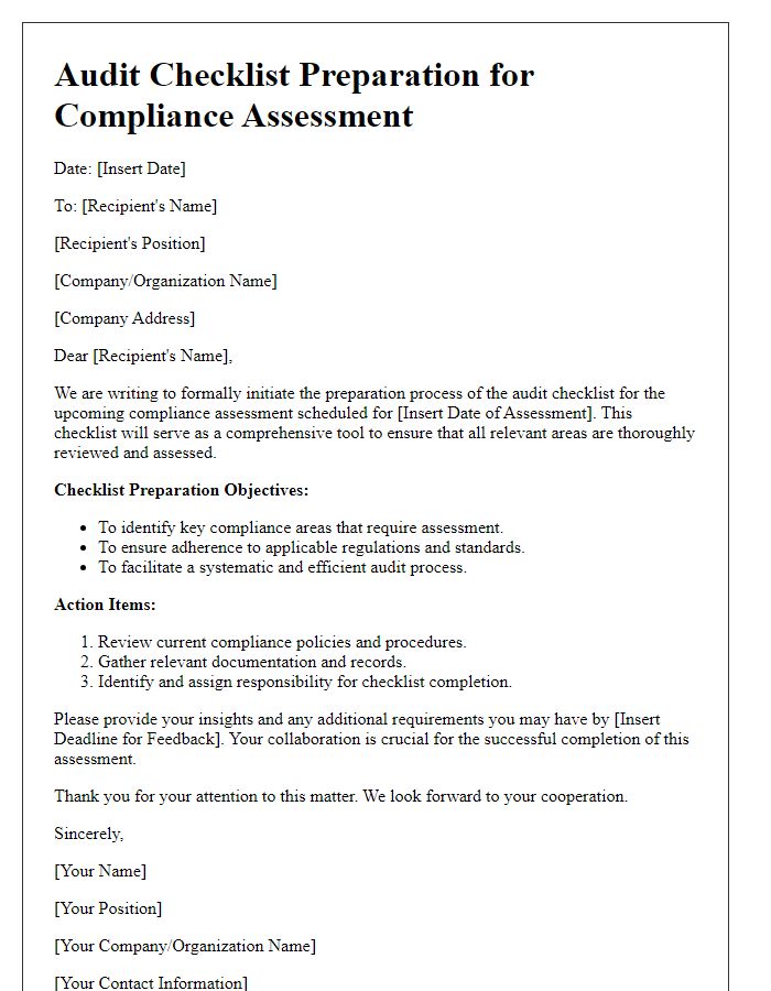 Letter template of audit checklist preparation for compliance assessment.