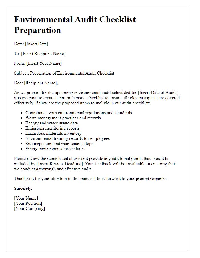 Letter template of audit checklist preparation for environmental audit.