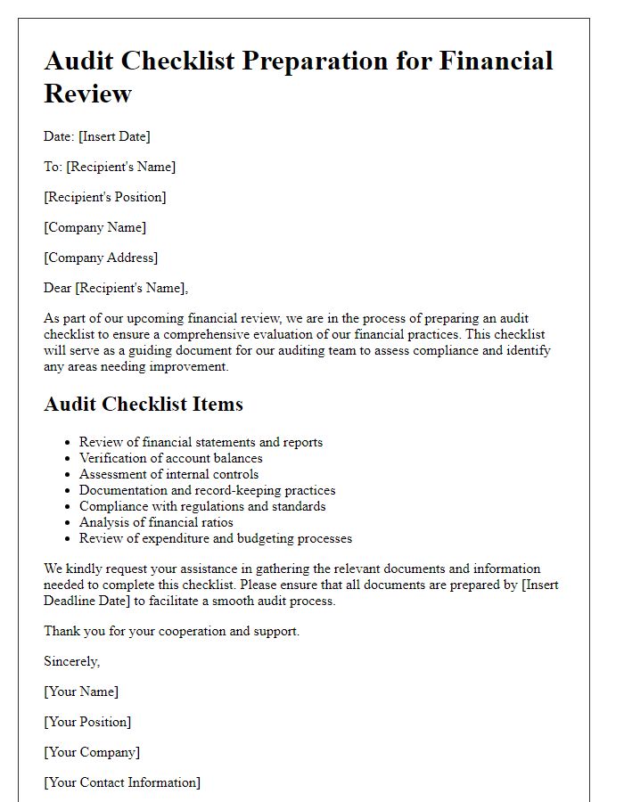 Letter template of audit checklist preparation for financial review.