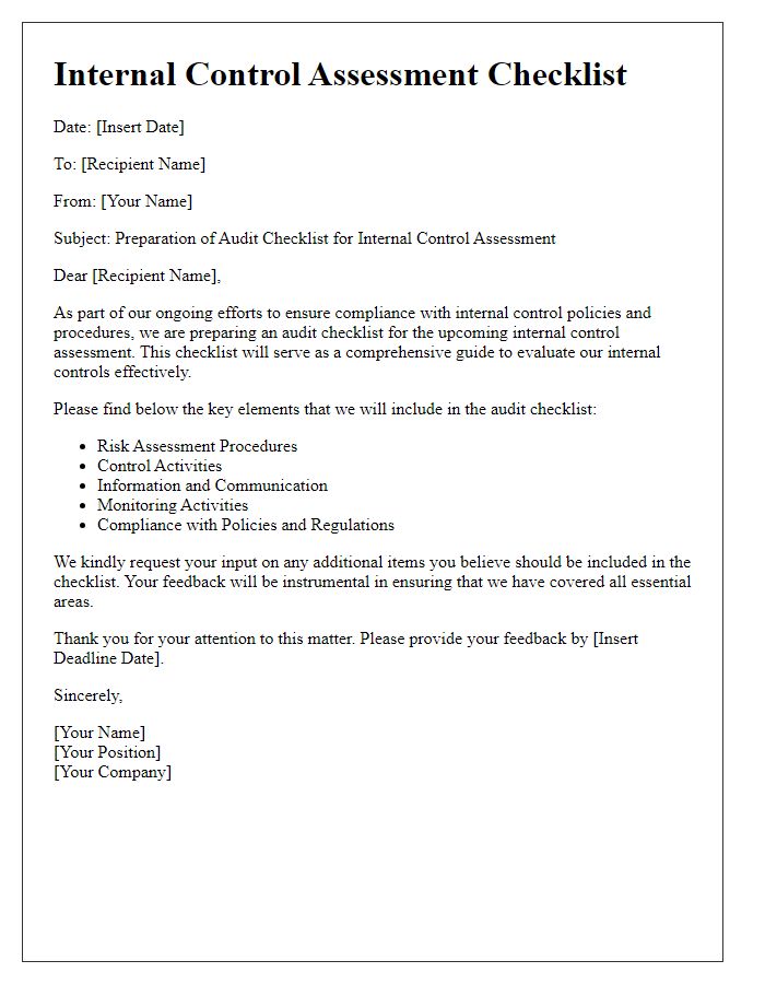 Letter template of audit checklist preparation for internal control assessment.