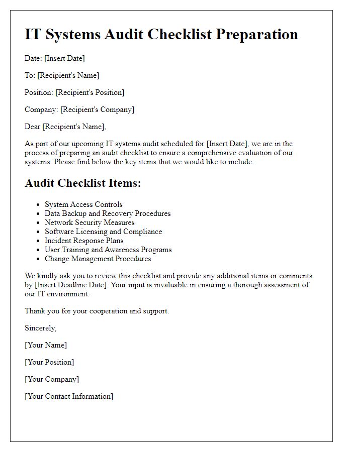 Letter template of audit checklist preparation for IT systems audit.