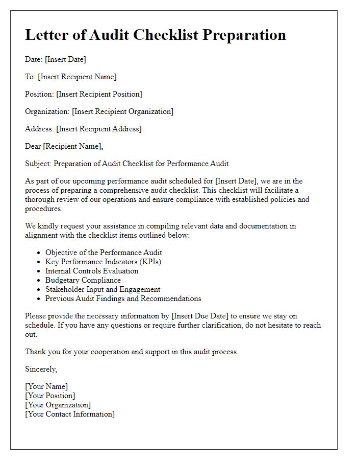 Letter template of audit checklist preparation for performance audit.