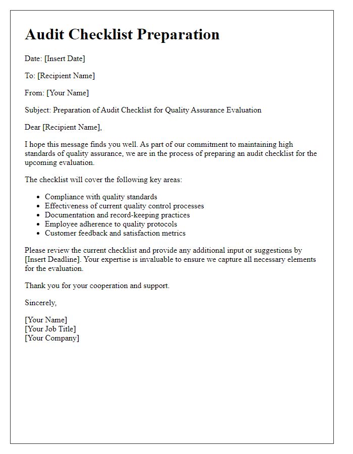 Letter template of audit checklist preparation for quality assurance evaluation.