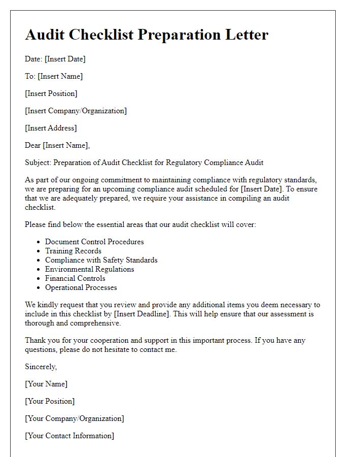 Letter template of audit checklist preparation for regulatory compliance audit.