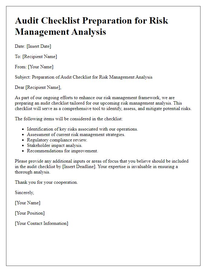 Letter template of audit checklist preparation for risk management analysis.