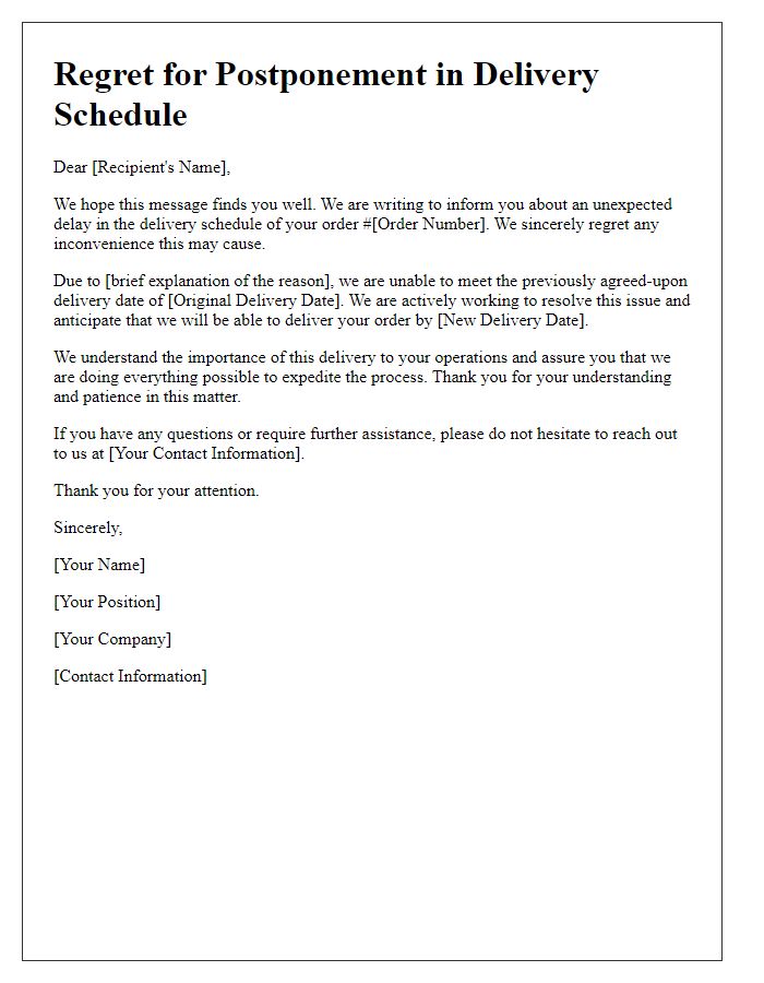 Letter template of regret for postponement in delivery schedule