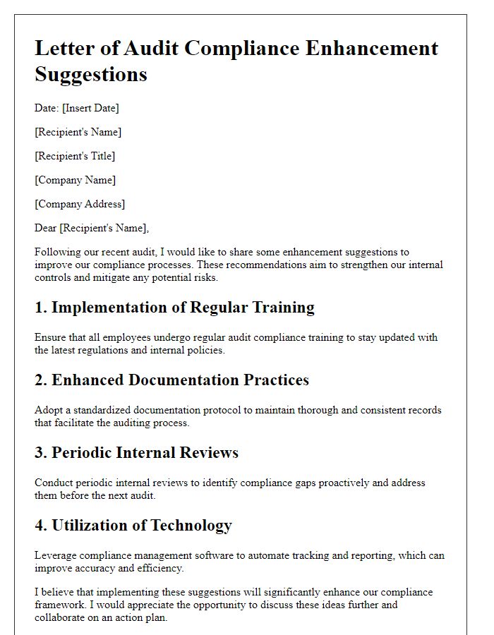 Letter template of audit compliance enhancement suggestions