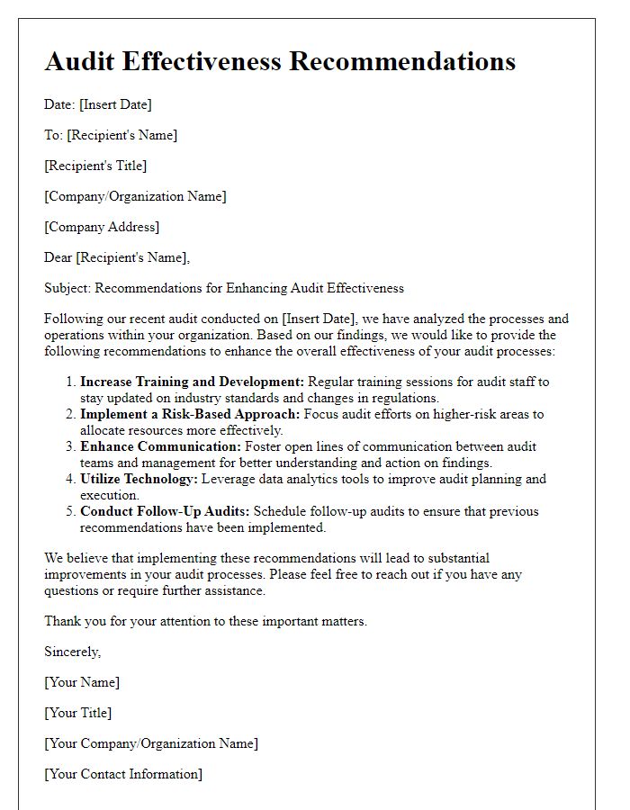 Letter template of audit effectiveness recommendations