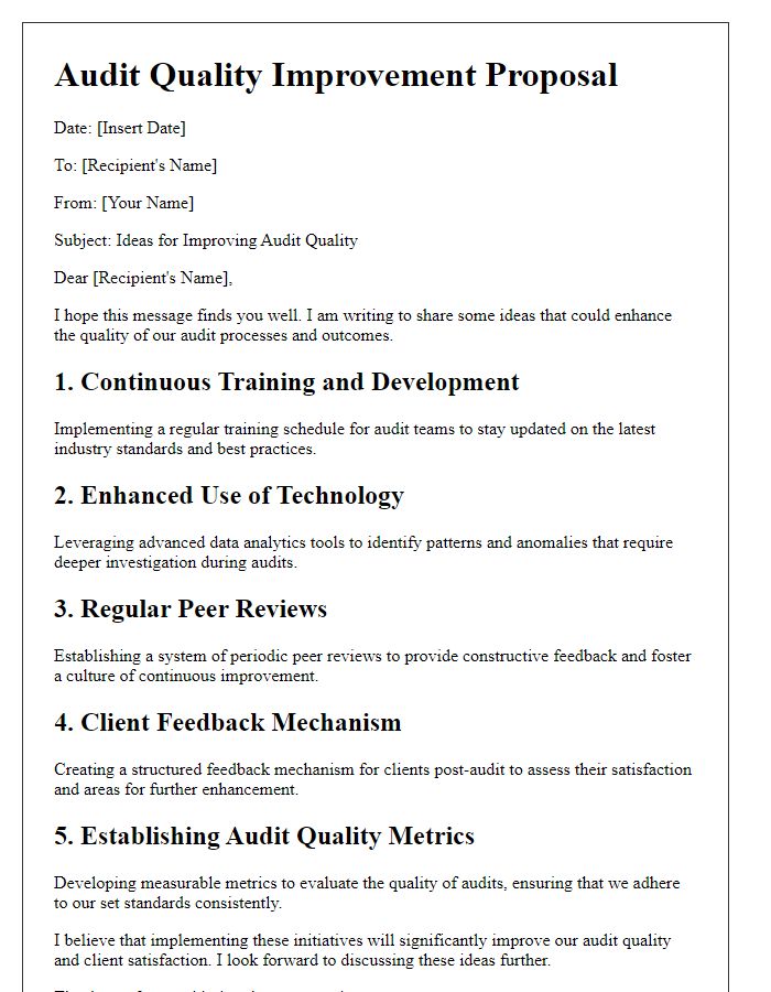 Letter template of audit quality improvement ideas