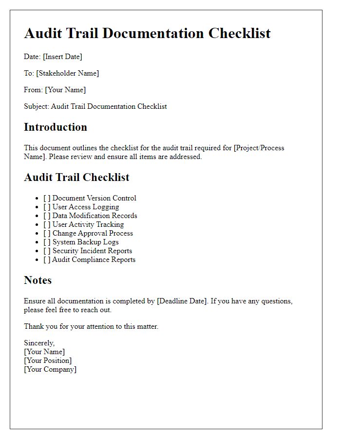 Letter template of audit trail documentation checklist for stakeholders