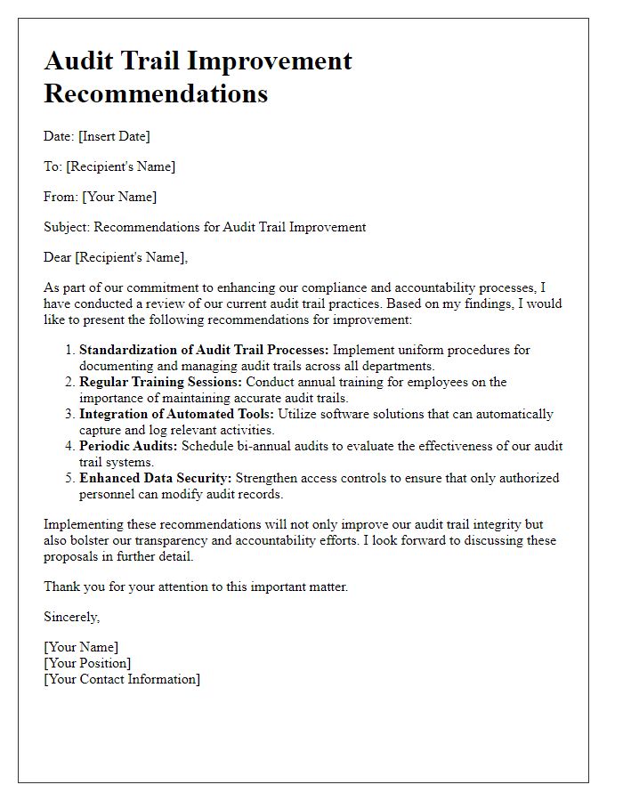 Letter template of audit trail improvement recommendations