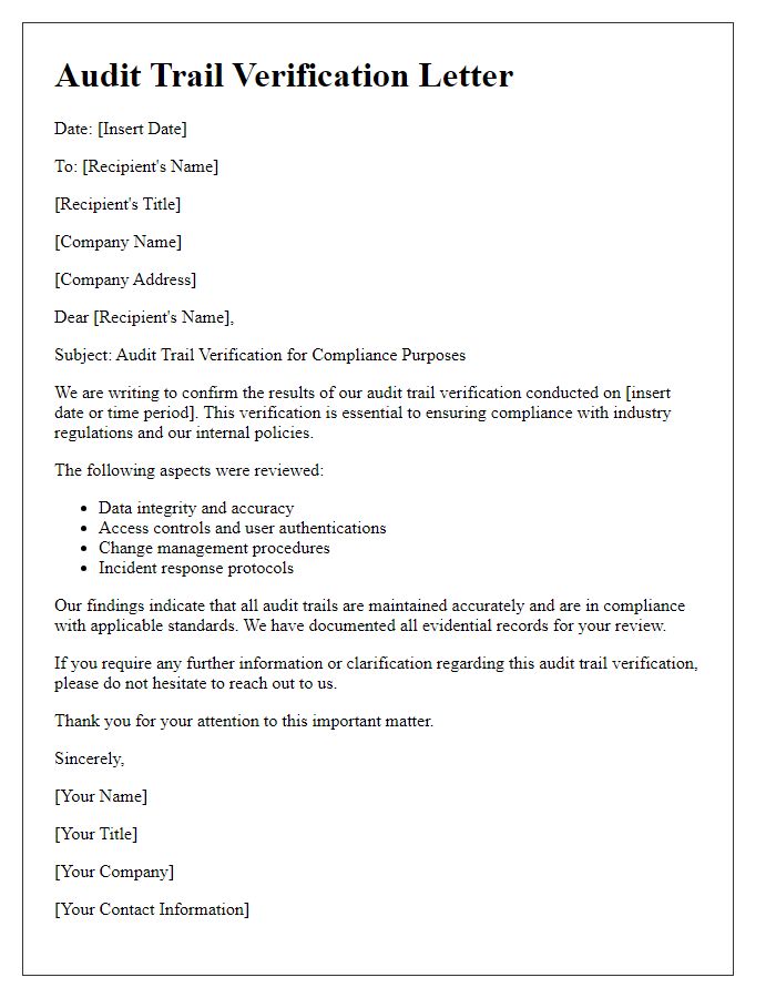 Letter template of audit trail verification for compliance purposes