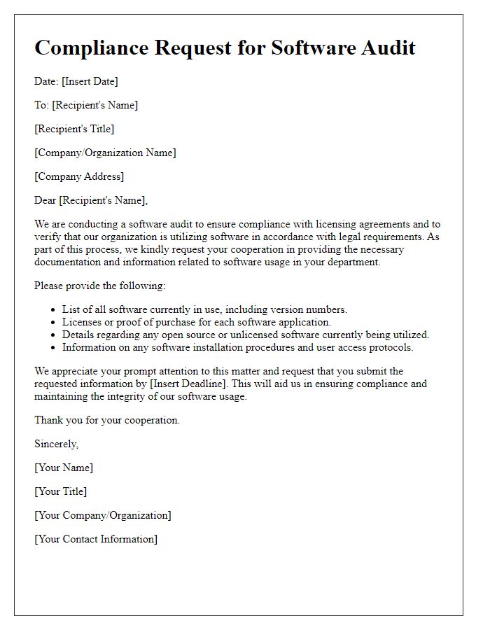 Letter template of compliance request for software audit